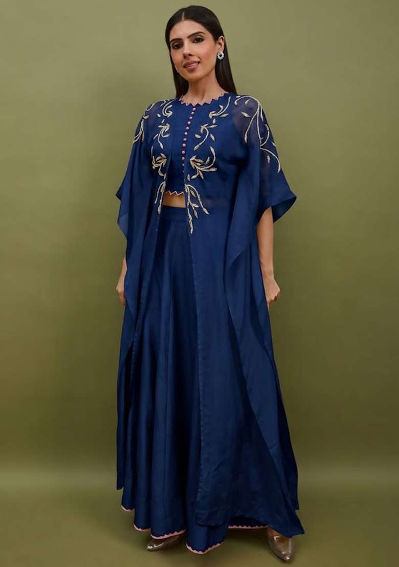 Midnight Blue Silk Blend Handwork Lehenga Set - Indya