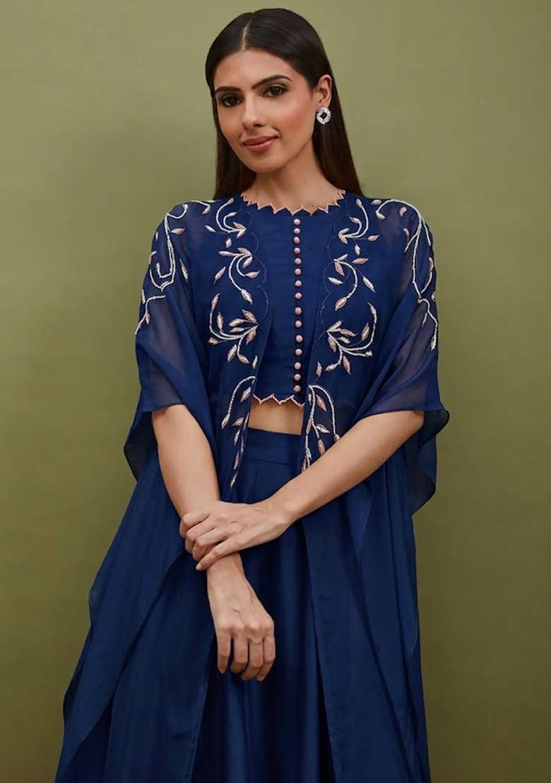 Midnight Blue Silk Blend Handwork Lehenga Set - Indya