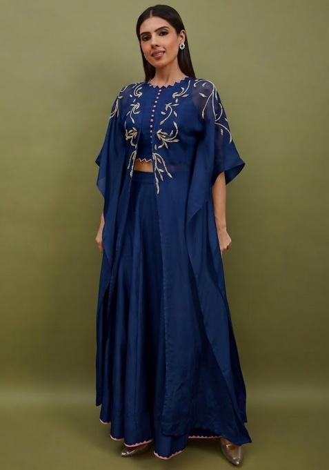 Midnight Blue Silk Handwork Lehenga Set