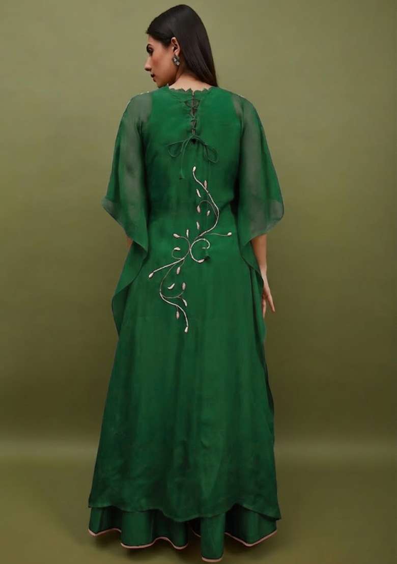 Bottle Green Silk Blend Handwork Lehenga Set - Indya