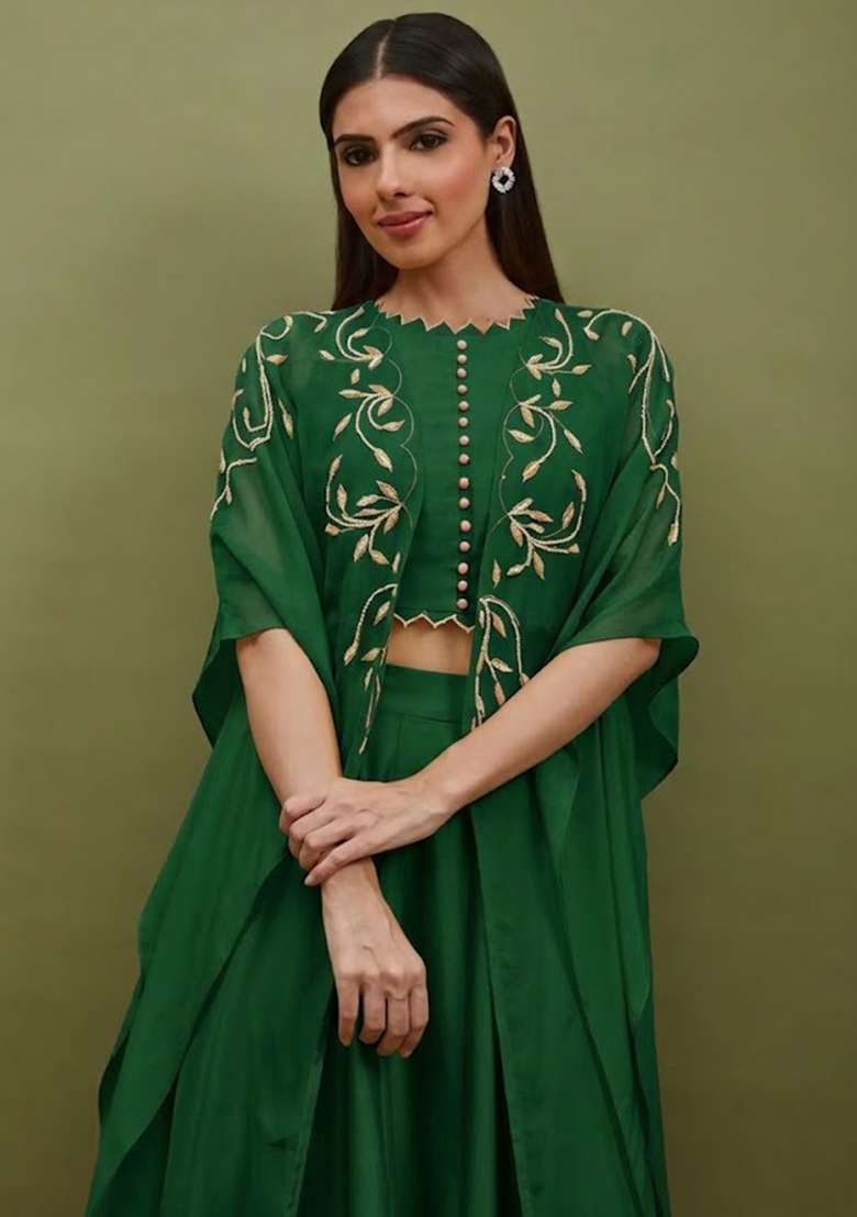 Bottle Green Silk Blend Handwork Lehenga Set - Indya