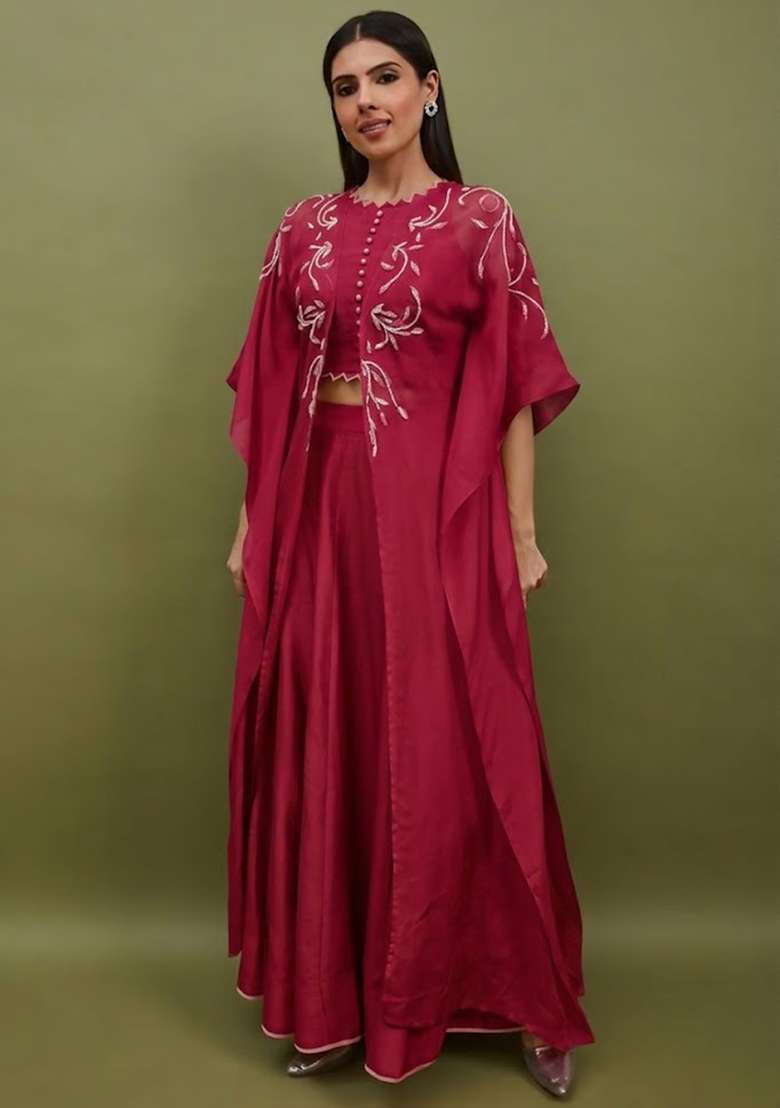 Magenta Silk Blend Handwork Lehenga Set - Indya