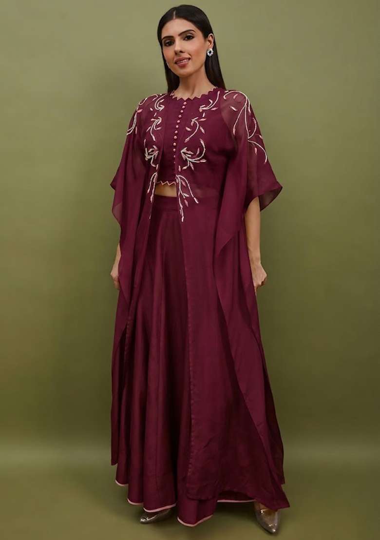 Wine Silk Blend Handwork Lehenga Set - Indya
