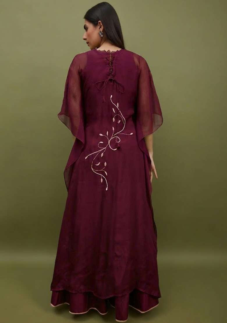 Wine Silk Blend Handwork Lehenga Set - Indya