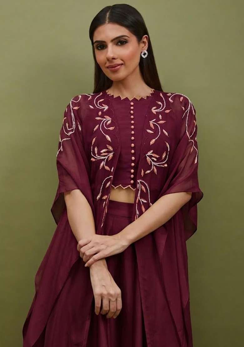 Wine Silk Blend Handwork Lehenga Set - Indya