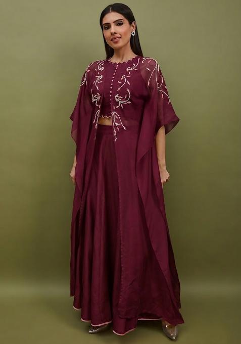 Wine Silk Handwork Lehenga Set