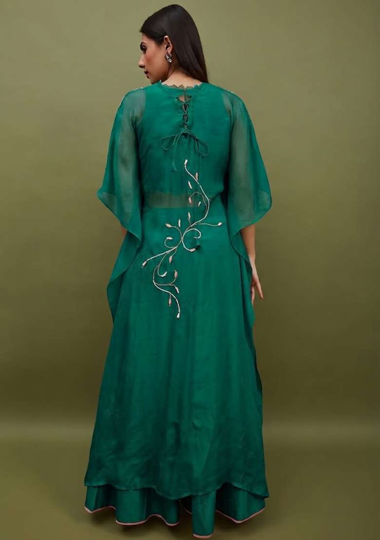 Teal Green Silk Blend Handwork Lehenga Set - Indya