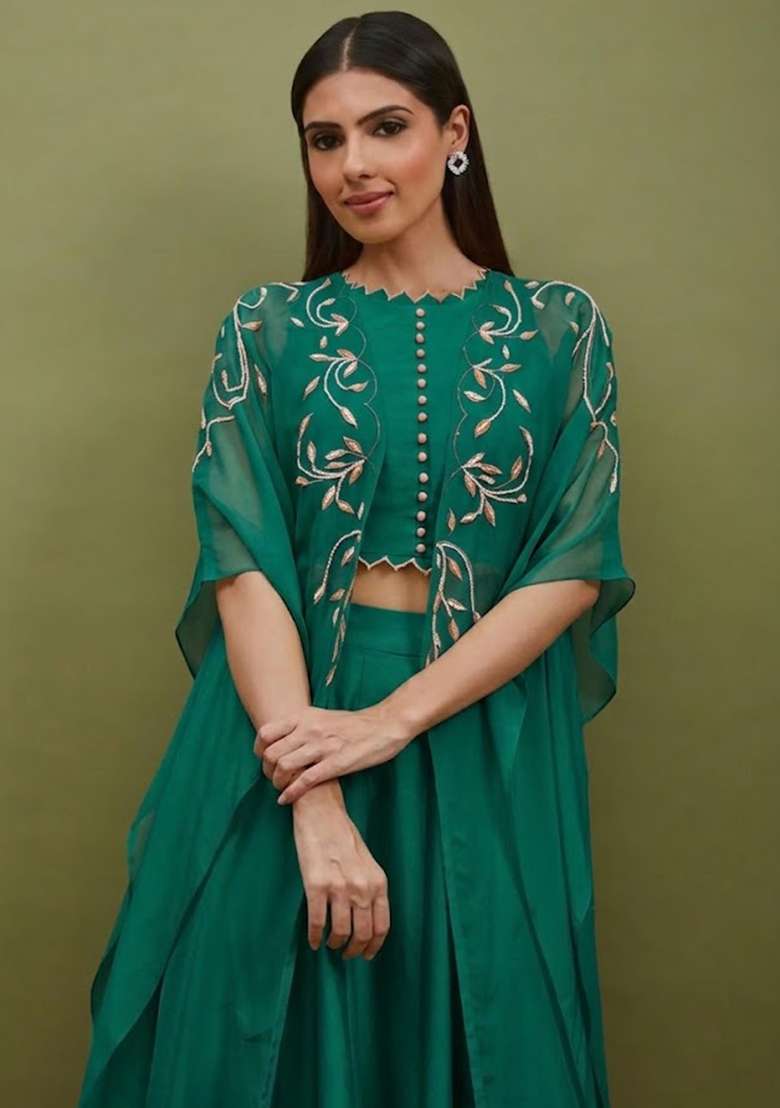 Teal Green Silk Blend Handwork Lehenga Set - Indya