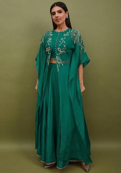 Teal Green Silk Handwork Lehenga Set