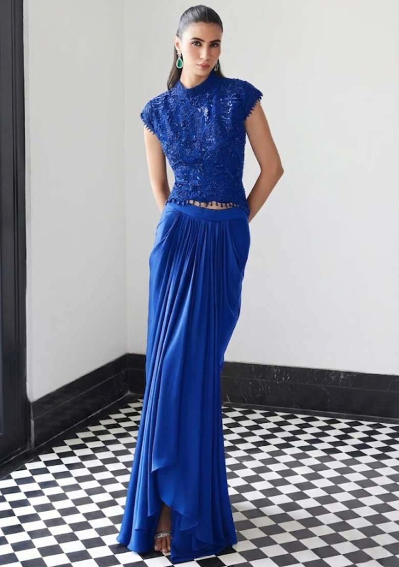 Royal Blue Satin Handwork Fusion Set - Indya