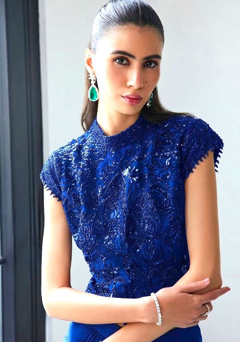 Royal Blue Satin Handwork Fusion Set - Indya