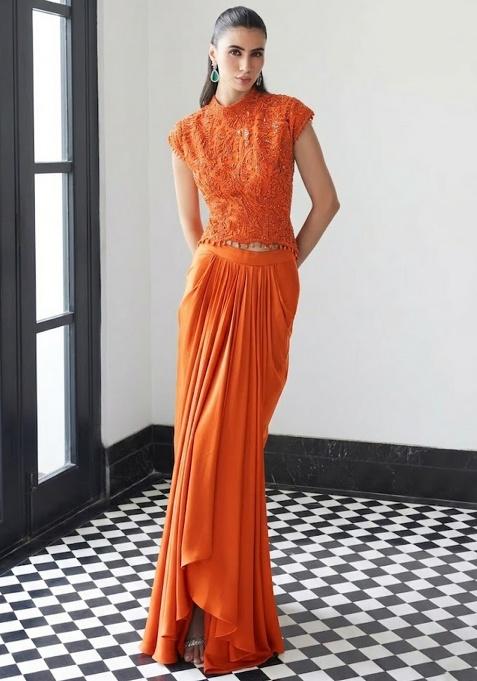 Orange Satin Handwork Fusion Set