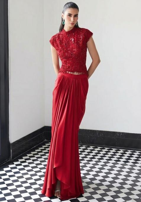 Red Satin Handwork Fusion Set