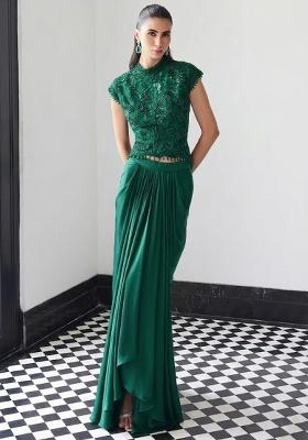Bottle Green Satin Handwork Fusion Set