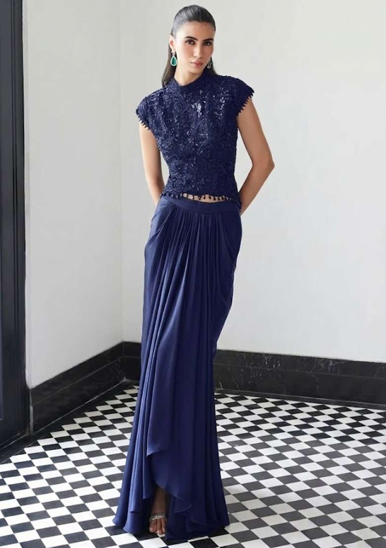 Violet Satin Handwork Fusion Set - Indya