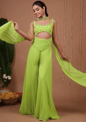 Lime Green Georgette Handwork Fusion Set