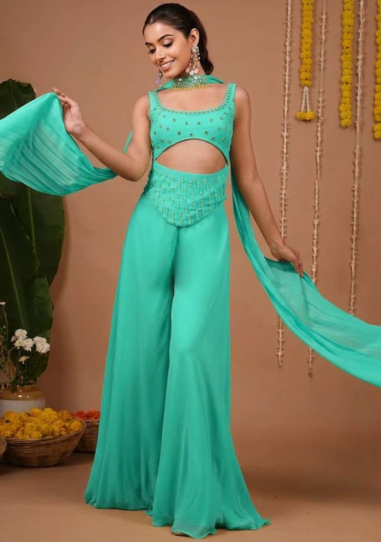 Mint Green Georgette Handwork Fusion Set - Indya