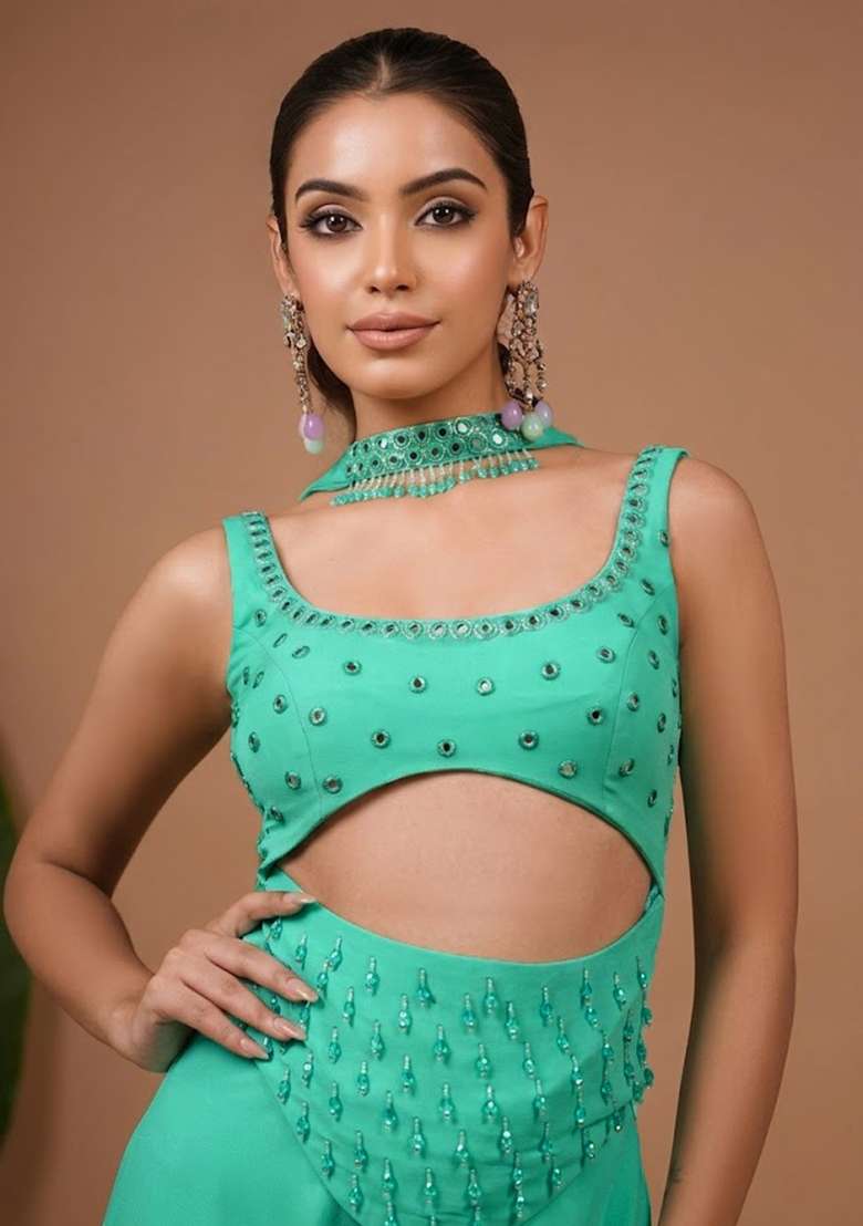 Mint Green Georgette Handwork Fusion Set - Indya