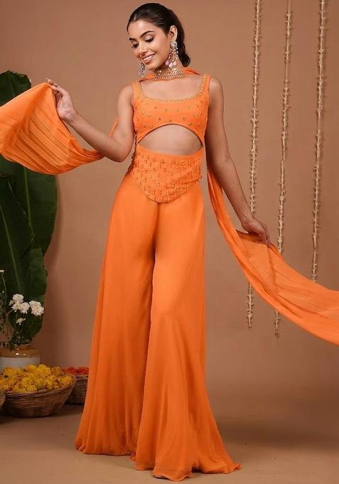Orange Georgette Handwork Fusion Set