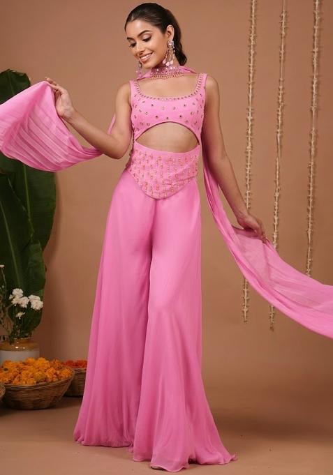 Pink Georgette Handwork Fusion Set