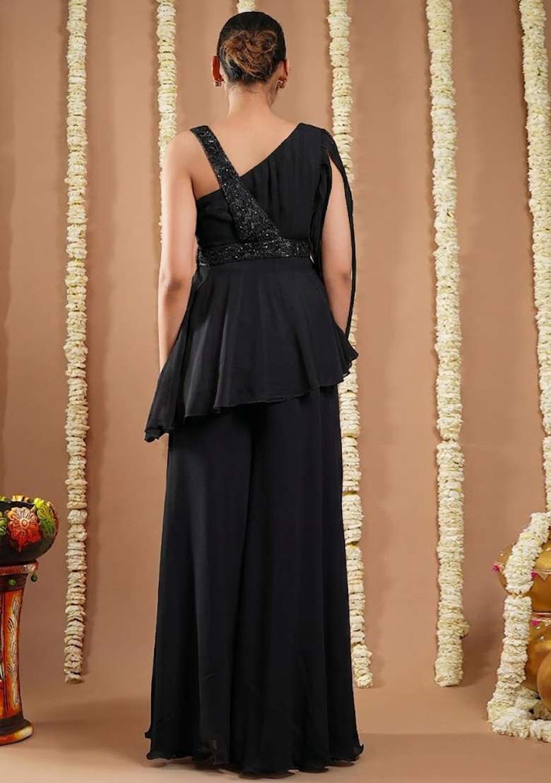 Jet Black Georgette Handwork Fusion Set - Indya