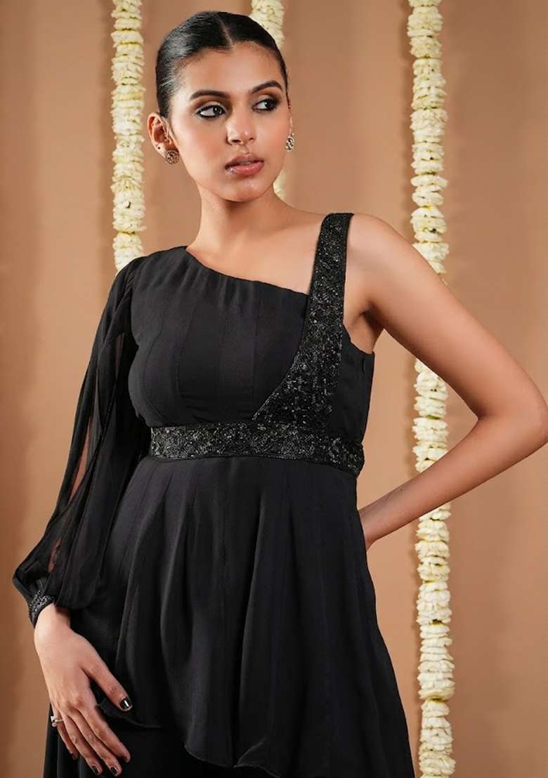 Jet Black Georgette Handwork Fusion Set - Indya