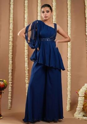 Navy Blue Georgette Handwork Fusion Set