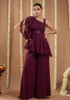 Deep Wine Georgette Handwork Fusion Set