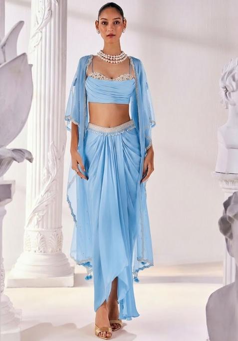 Sky Blue Soft Organza Handwork Fusion Set
