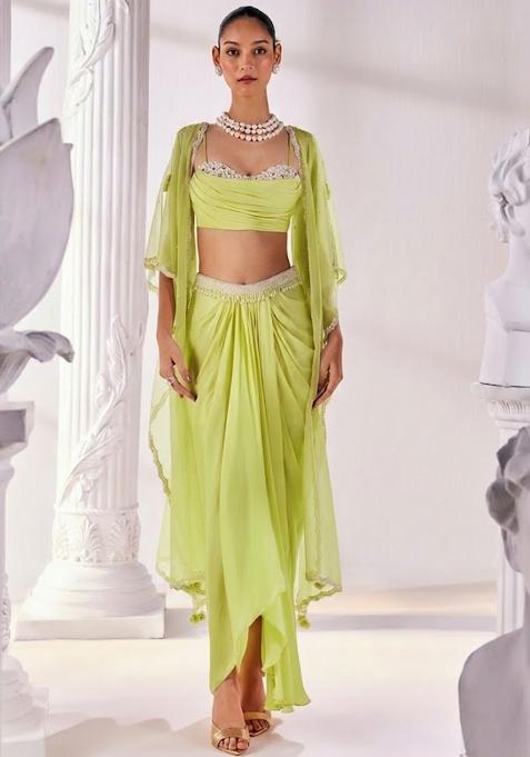 Lime Green Soft Organza Handwork Fusion Set