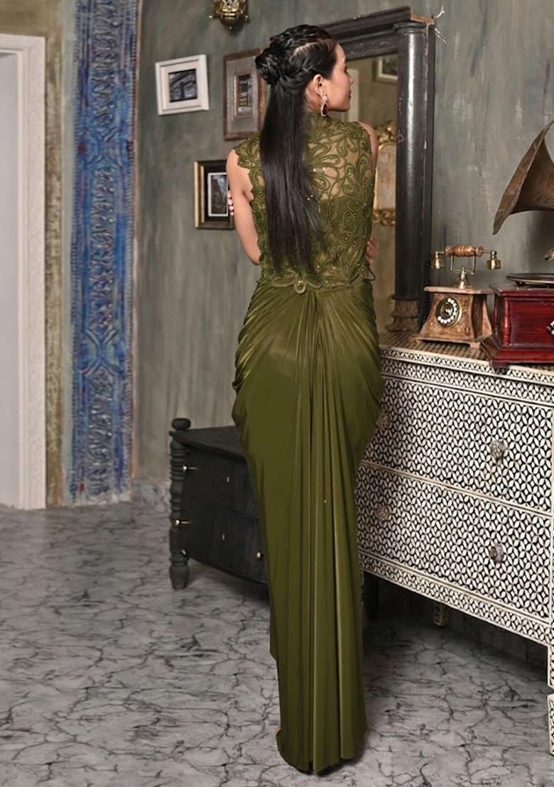 Olive Green Satin Handwork Fusion Set - Indya