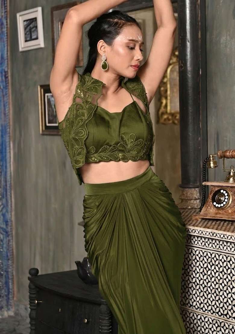 Olive Green Satin Handwork Fusion Set - Indya
