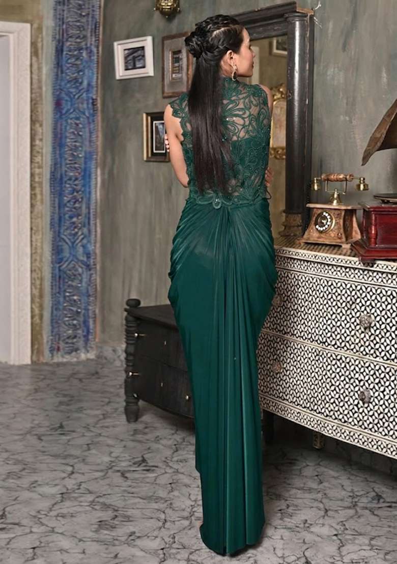 Forest Green Satin Handwork Fusion Set - Indya
