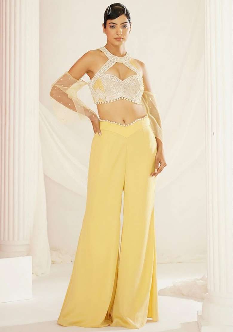 Yellow Crepe Handwork Fusion Set - Indya