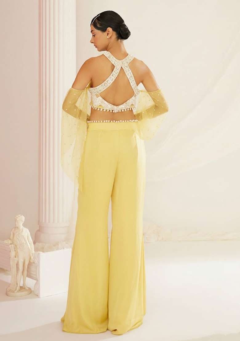 Yellow Crepe Handwork Fusion Set - Indya