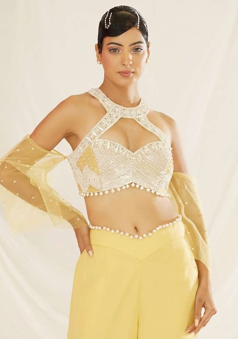 Yellow Crepe Handwork Fusion Set - Indya