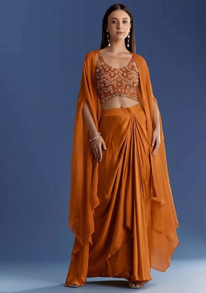 Rust Orange Crepe Handwork Fusion Set - Indya