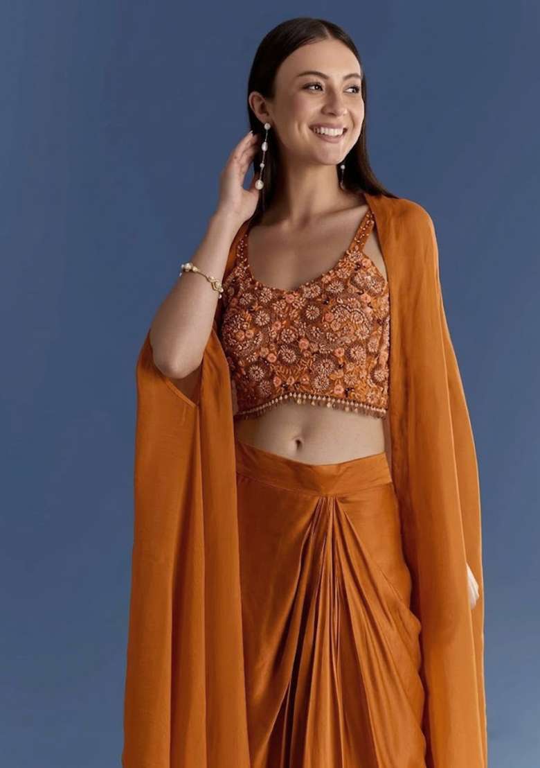 Rust Orange Crepe Handwork Fusion Set - Indya