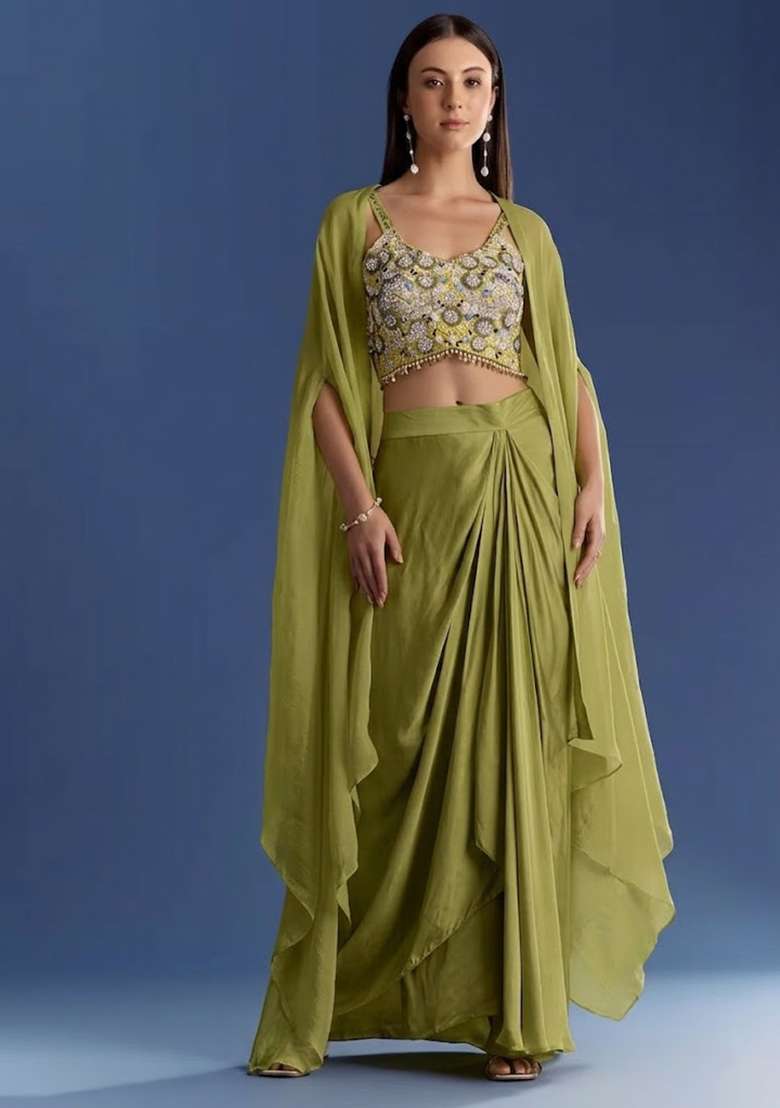 Forest Green Crepe Handwork Fusion Set - Indya