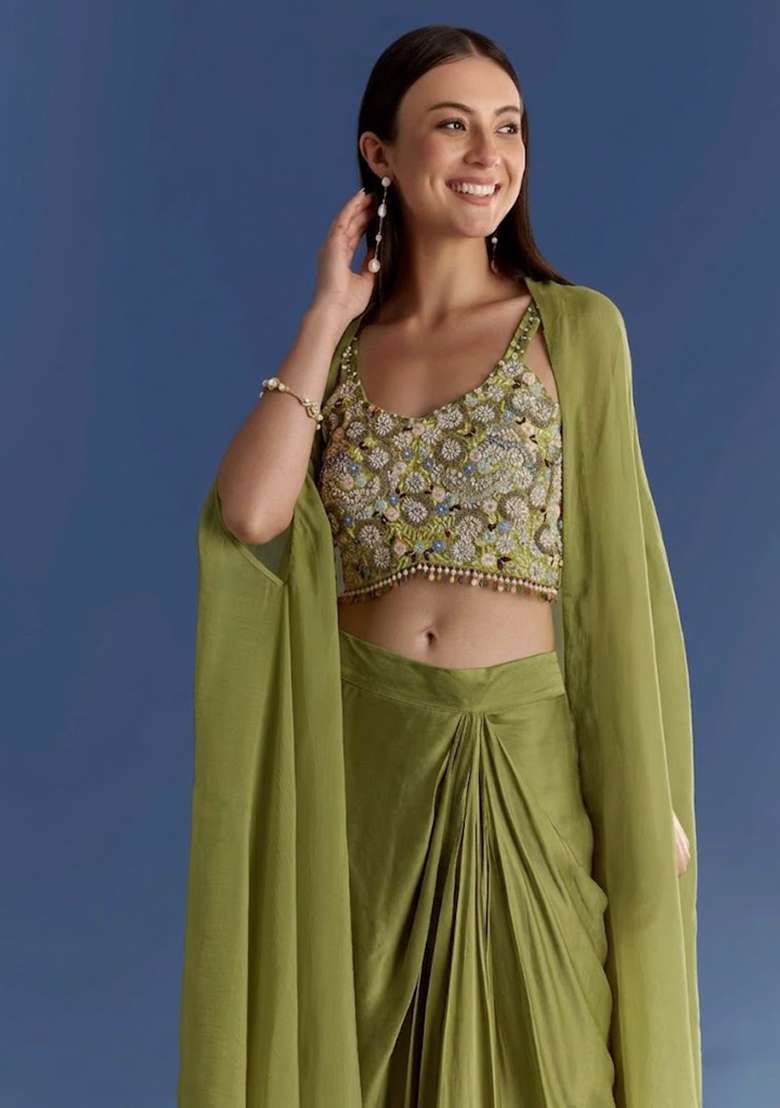 Forest Green Crepe Handwork Fusion Set - Indya