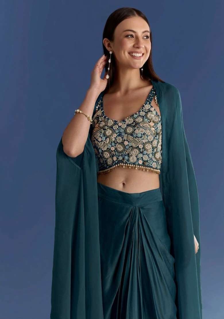 Midnight Blue Crepe Handwork Fusion Set - Indya