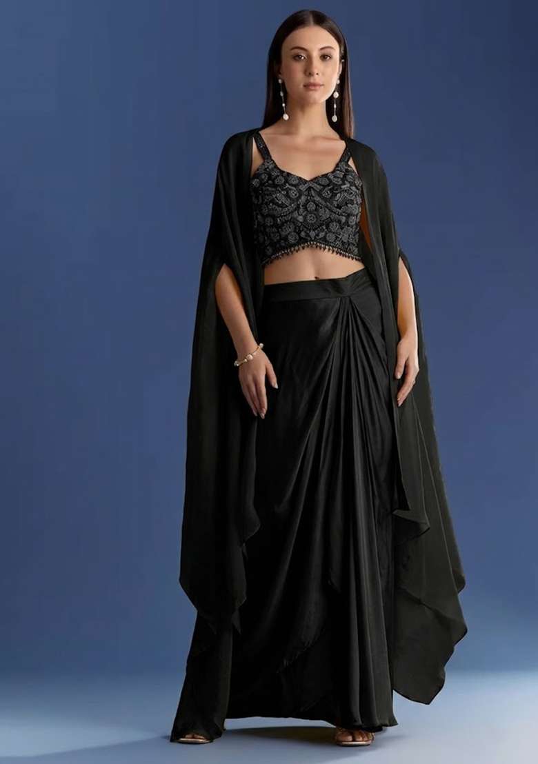 Black Crepe Handwork Fusion Set - Indya