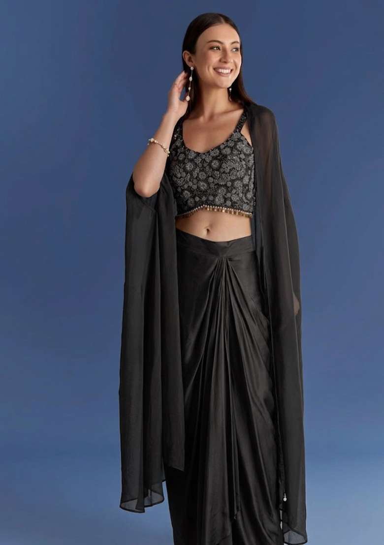Black Crepe Handwork Fusion Set - Indya