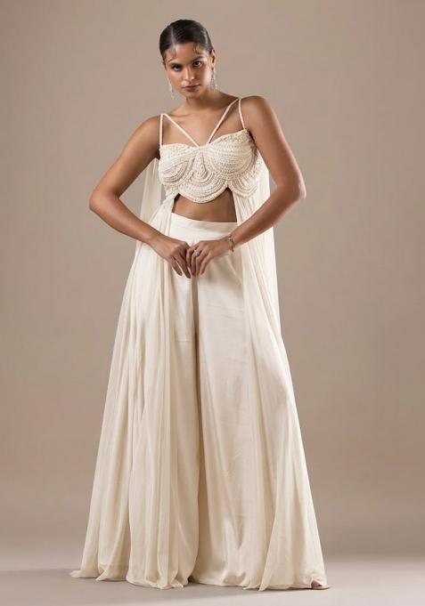 Off White Satin Handwork Fusion Set