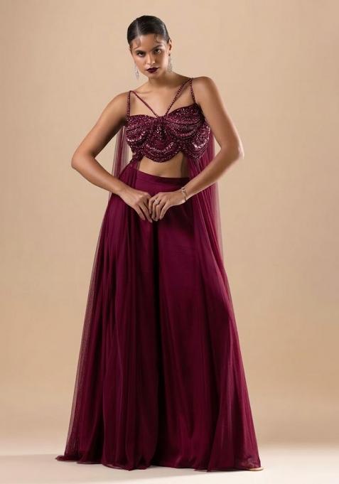 Wine Purple Satin Handwork Fusion Set
