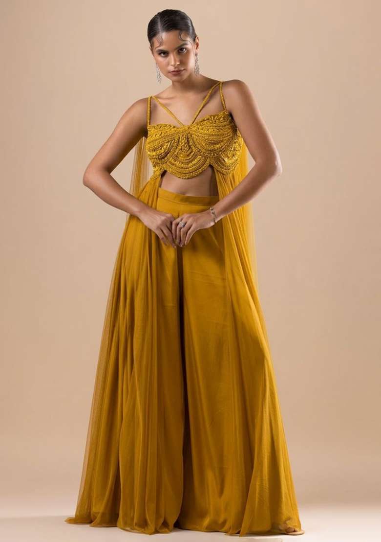 Mustard Satin Handwork Fusion Set - Indya
