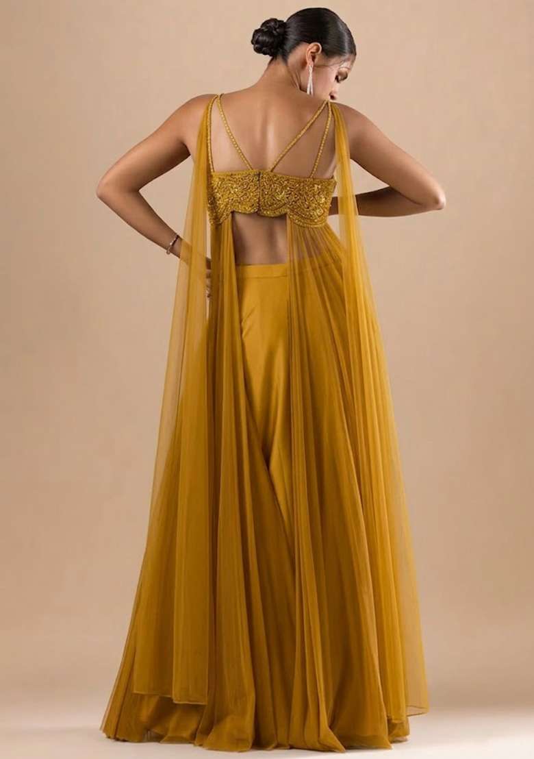 Mustard Satin Handwork Fusion Set - Indya