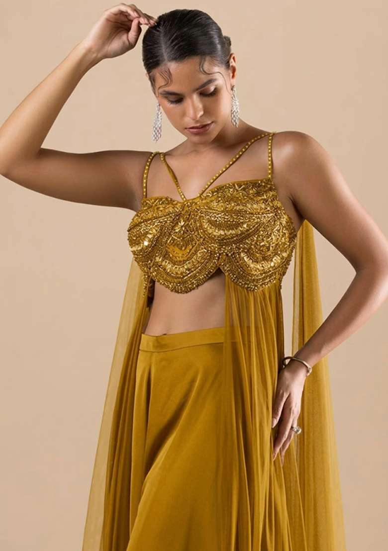 Mustard Satin Handwork Fusion Set - Indya
