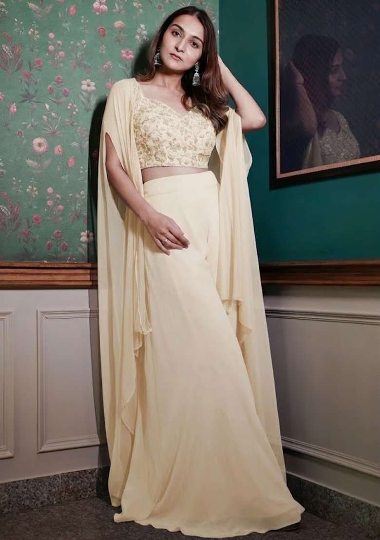 Ivory Georgette Handwork Fusion Set - Indya