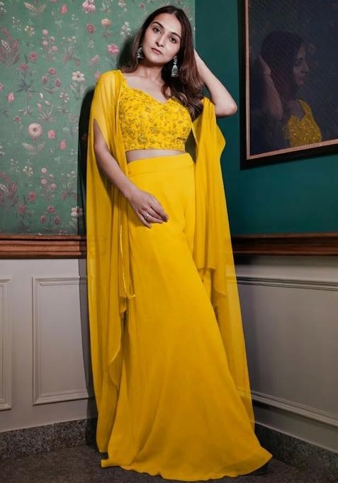 Yellow Georgette Handwork Fusion Set